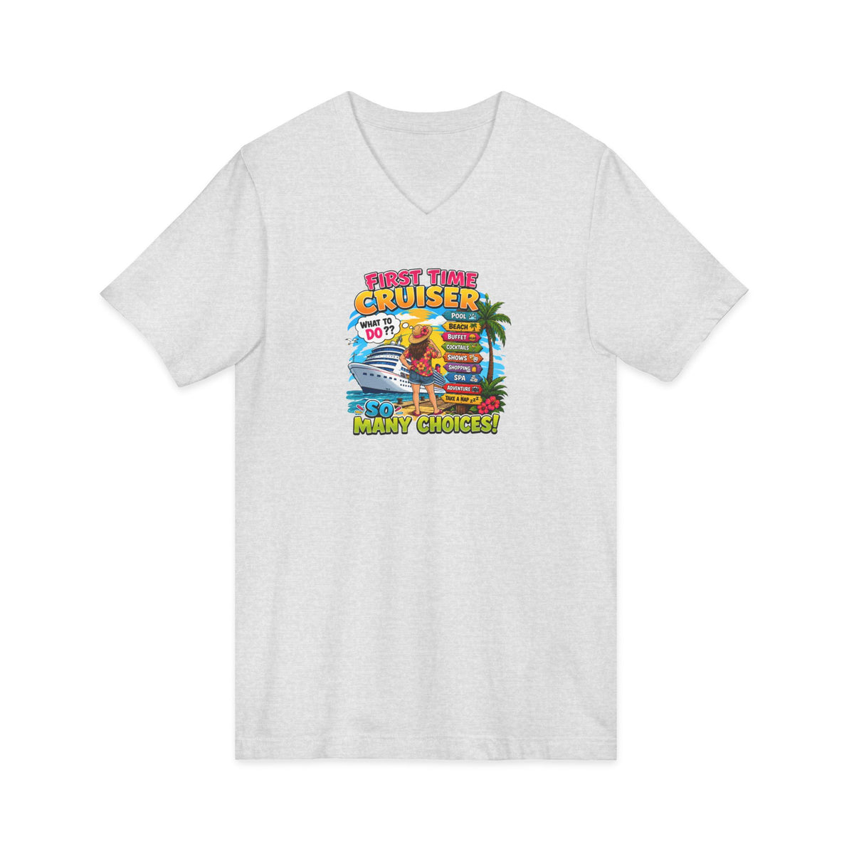 Cruiser Beach Vibes V-Neck Tee — Surfboard & Palm Tree Summer Graphic