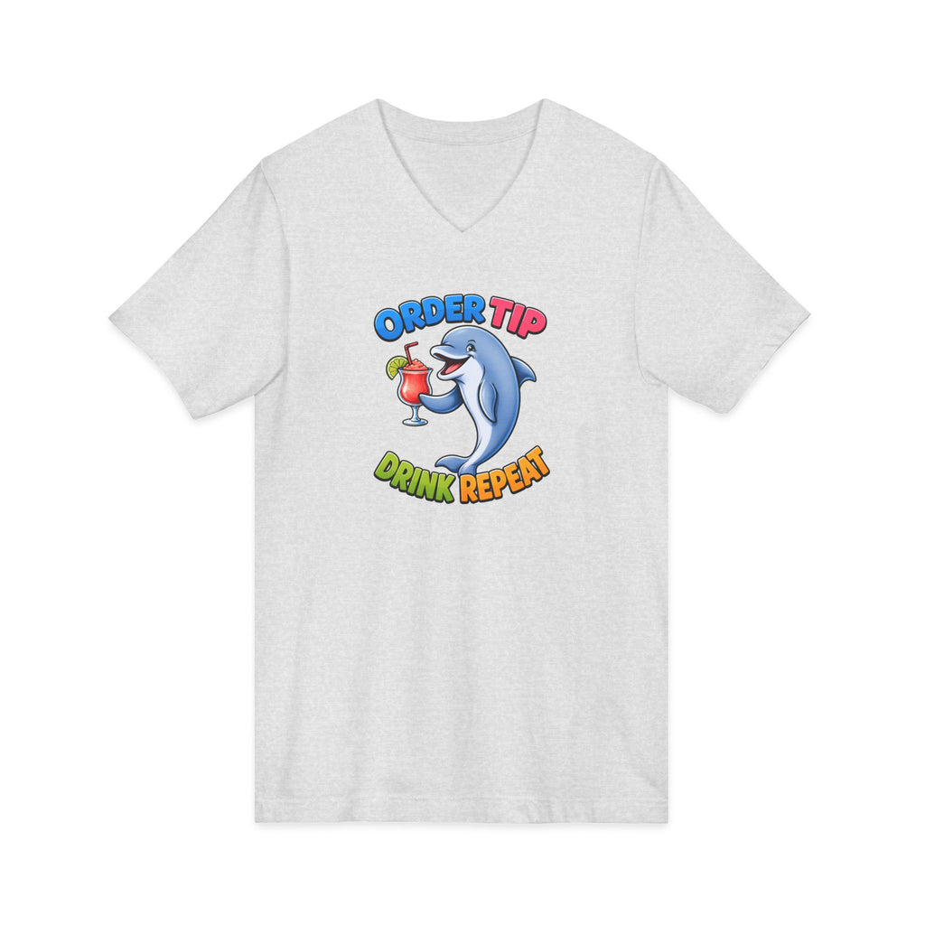 Dolphin Cocktail Tee — "Order Tip, Drink Repeat" V-Neck