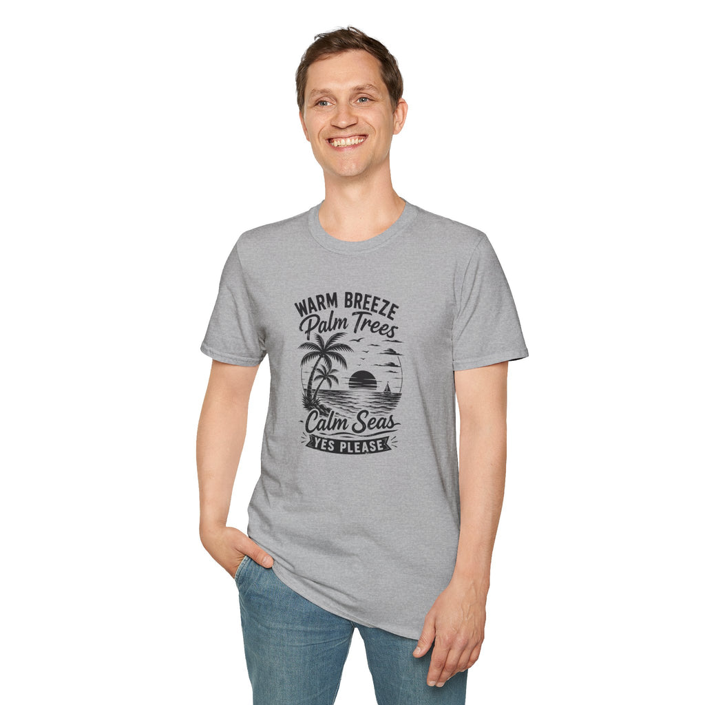 Warm Breeze Palm Trees T-Shirt — Calm Seas Beach Sunset Graphic Tee