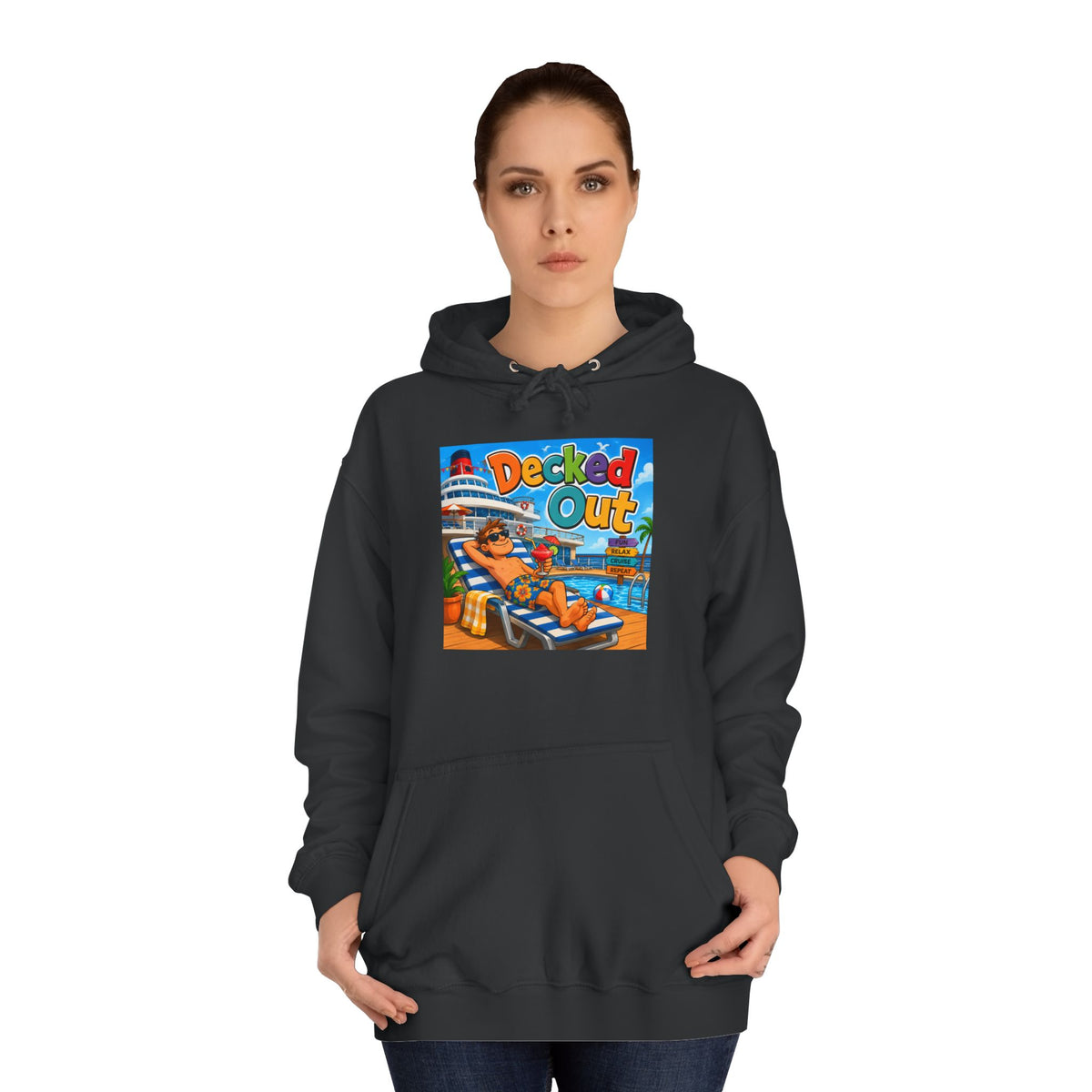 College Hoodie — 'Decked Out' Coastal Surf Graphic Pullover