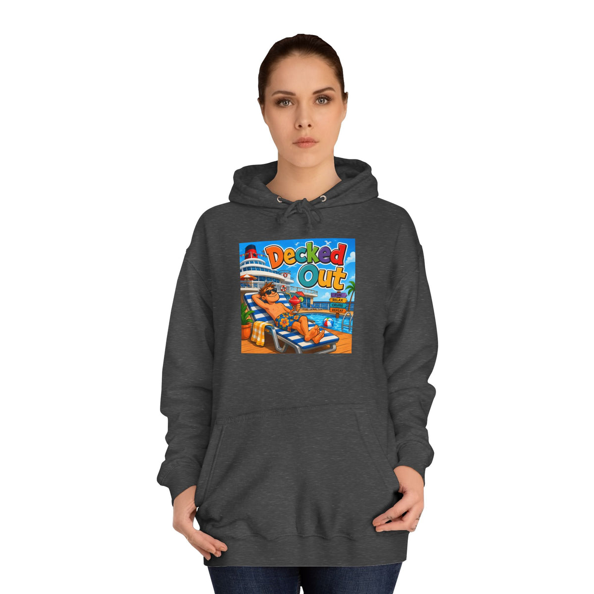 College Hoodie — 'Decked Out' Coastal Surf Graphic Pullover
