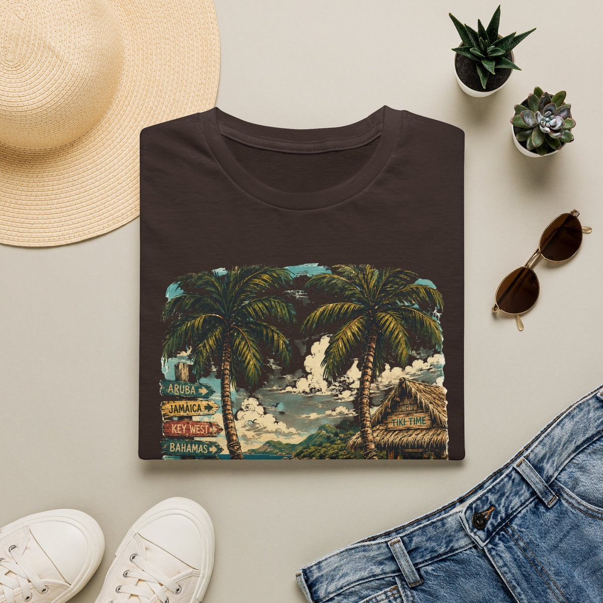 Beach Life T-Shirt — Tropical Palm Trees, Island Signpost & Hut Tee