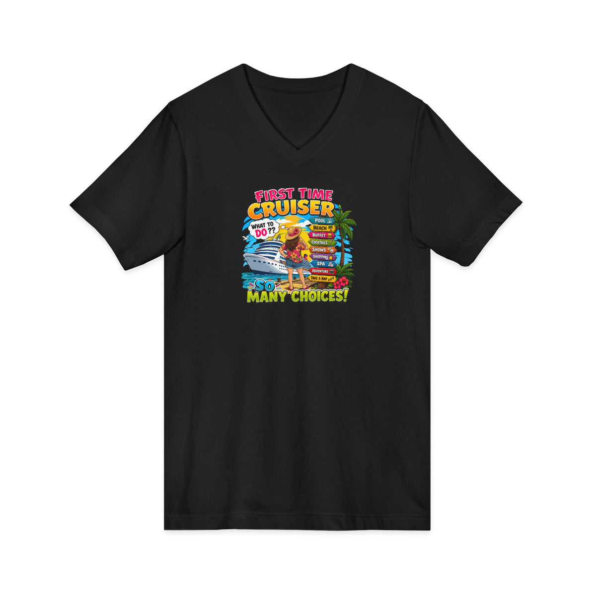 Cruiser Beach Vibes V-Neck Tee — Surfboard & Palm Tree Summer Graphic