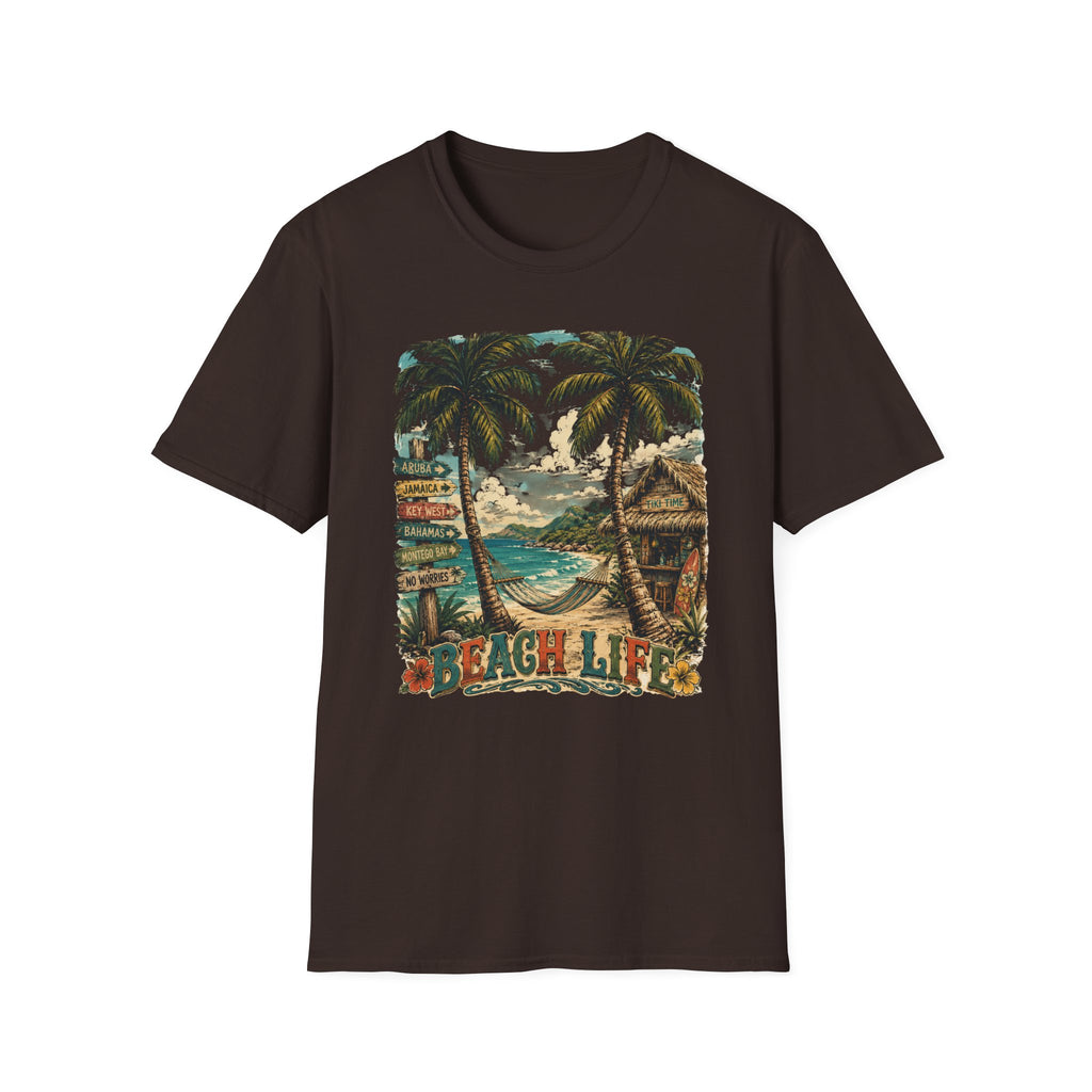 Beach Life T-Shirt — Tropical Palm Trees, Island Signpost & Hut Tee