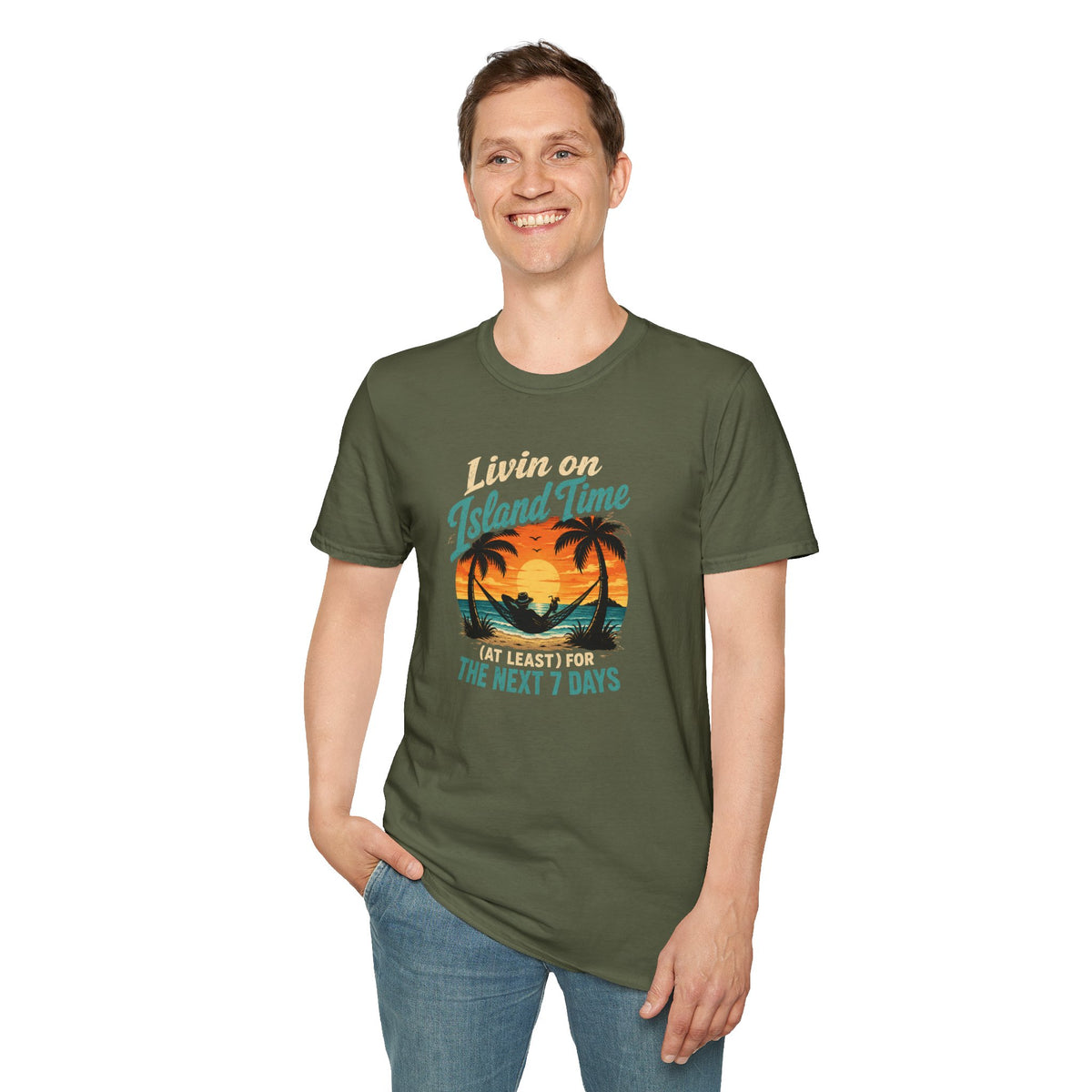 T-Shirt — "Livin on Island Time" Retro Sunset Graphic
