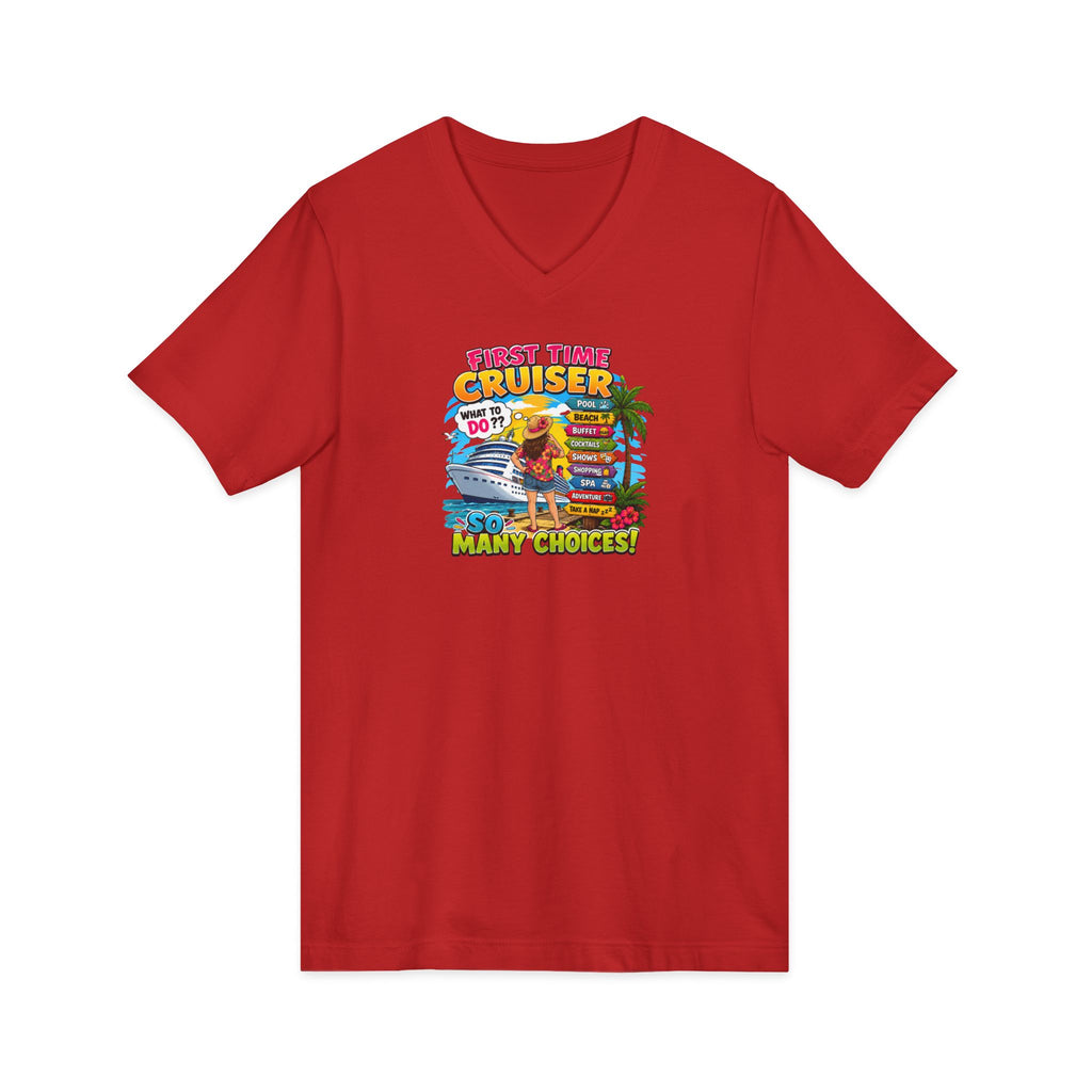 Cruiser Beach Vibes V-Neck Tee — Surfboard & Palm Tree Summer Graphic