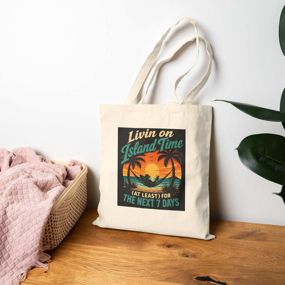 Tote Bag — "Livin' on Island Time (At Least) for the Next 7 Days" Tropical Sunset Canvas Tote