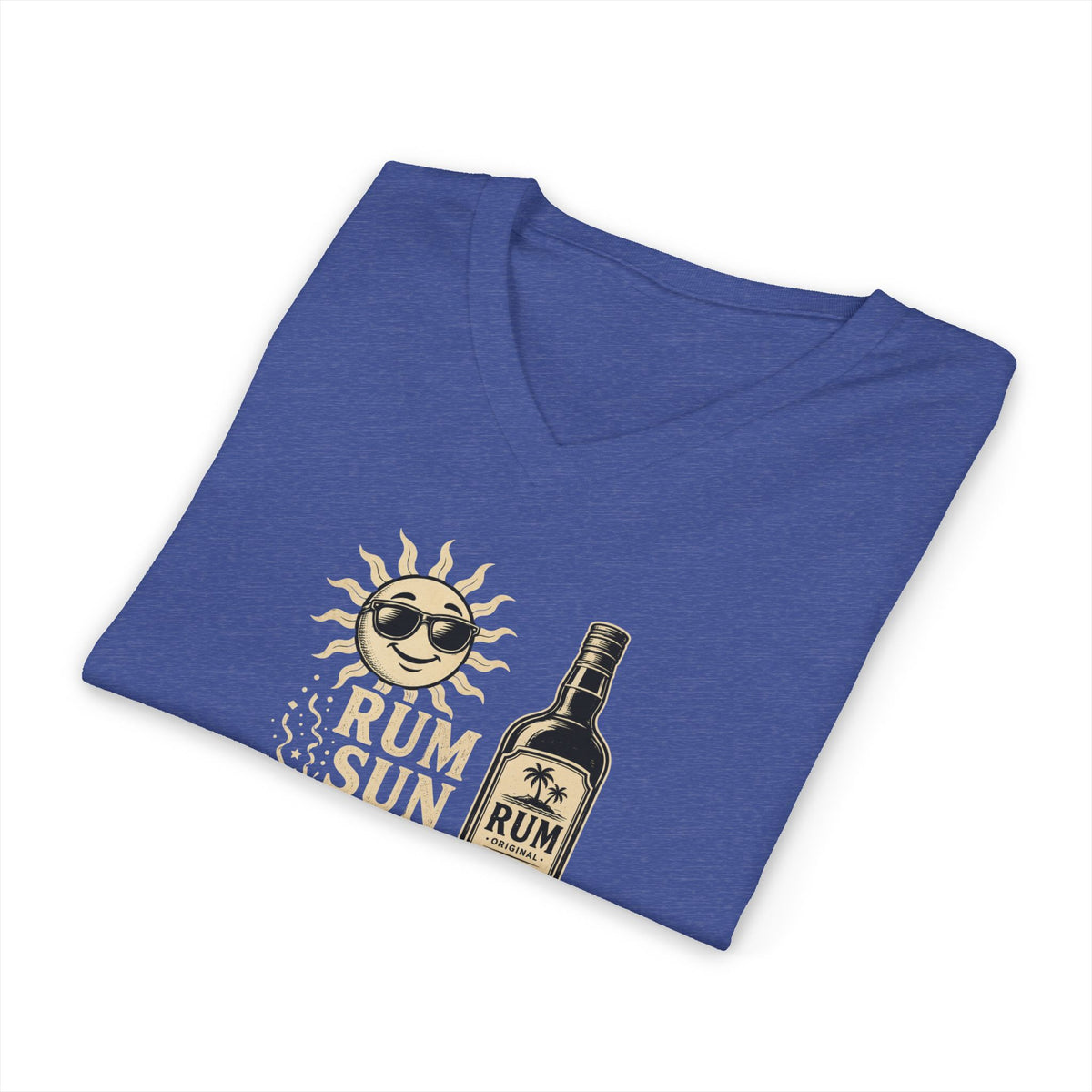 Rum Sun Fun V-Neck Tee — Beachy Rum Bottle & Sunglasses Sun Graphic