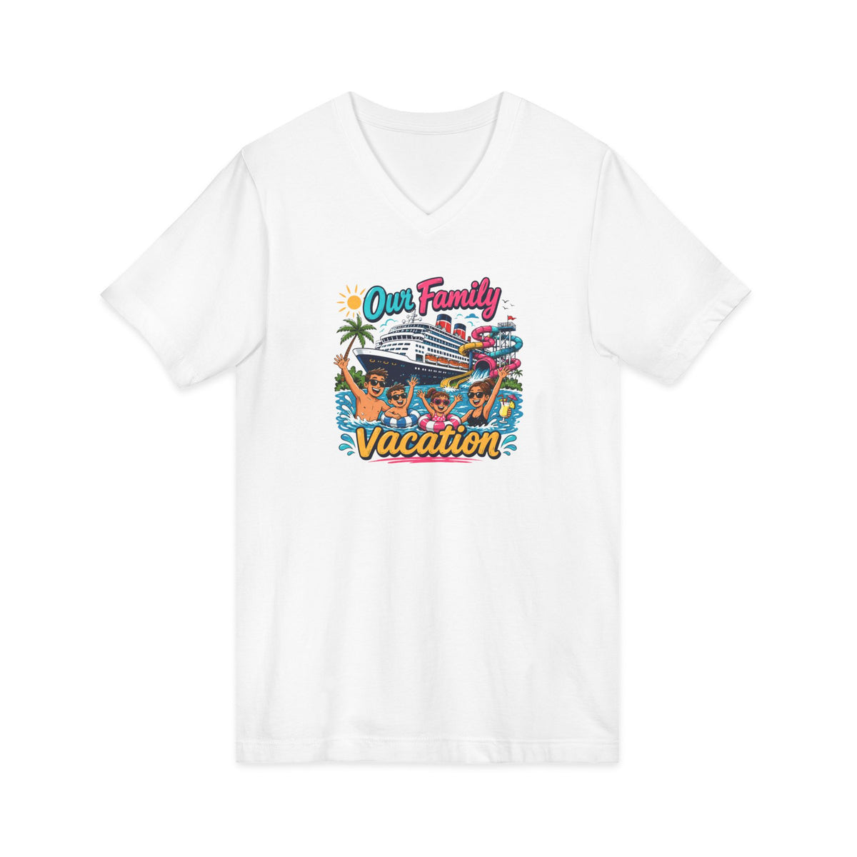 Family Cruise Vacation V-Neck Tee — "Our Family Vacation" Tropical Cruise Shirt
