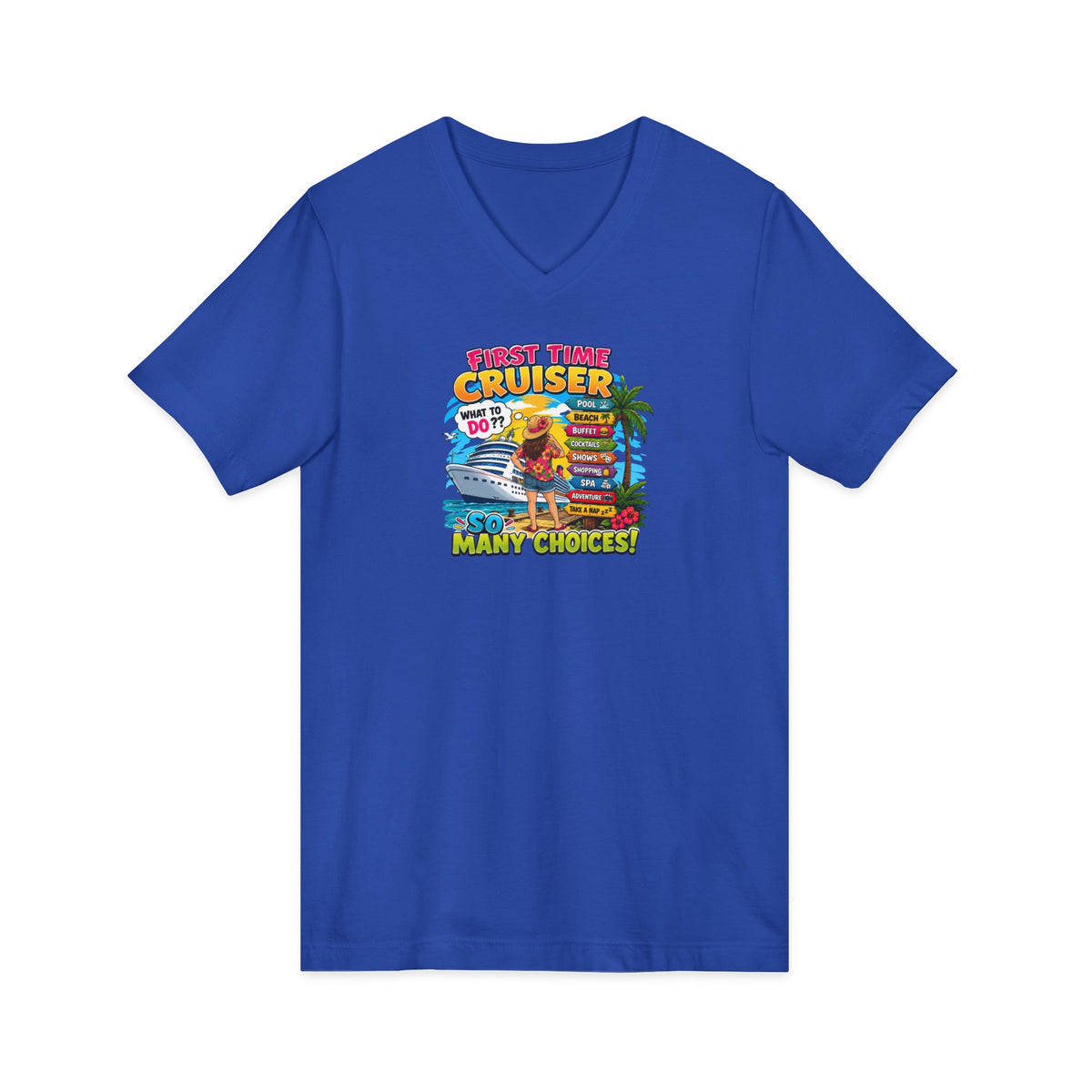 Cruiser Beach Vibes V-Neck Tee — Surfboard & Palm Tree Summer Graphic