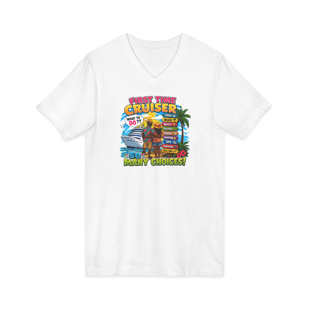 First Time Cruiser V-Neck Tee — Tropical Cruise Vacation Shirt