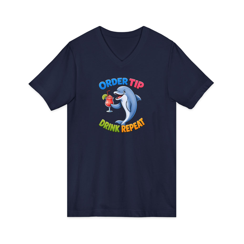 Dolphin Cocktail Tee — "Order Tip, Drink Repeat" V-Neck