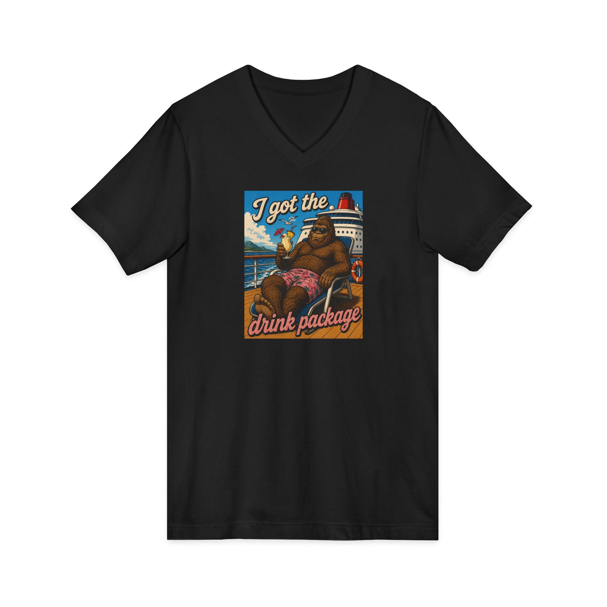 Drink Package V-Neck Tee — Retro Beach Cocktail Graphic