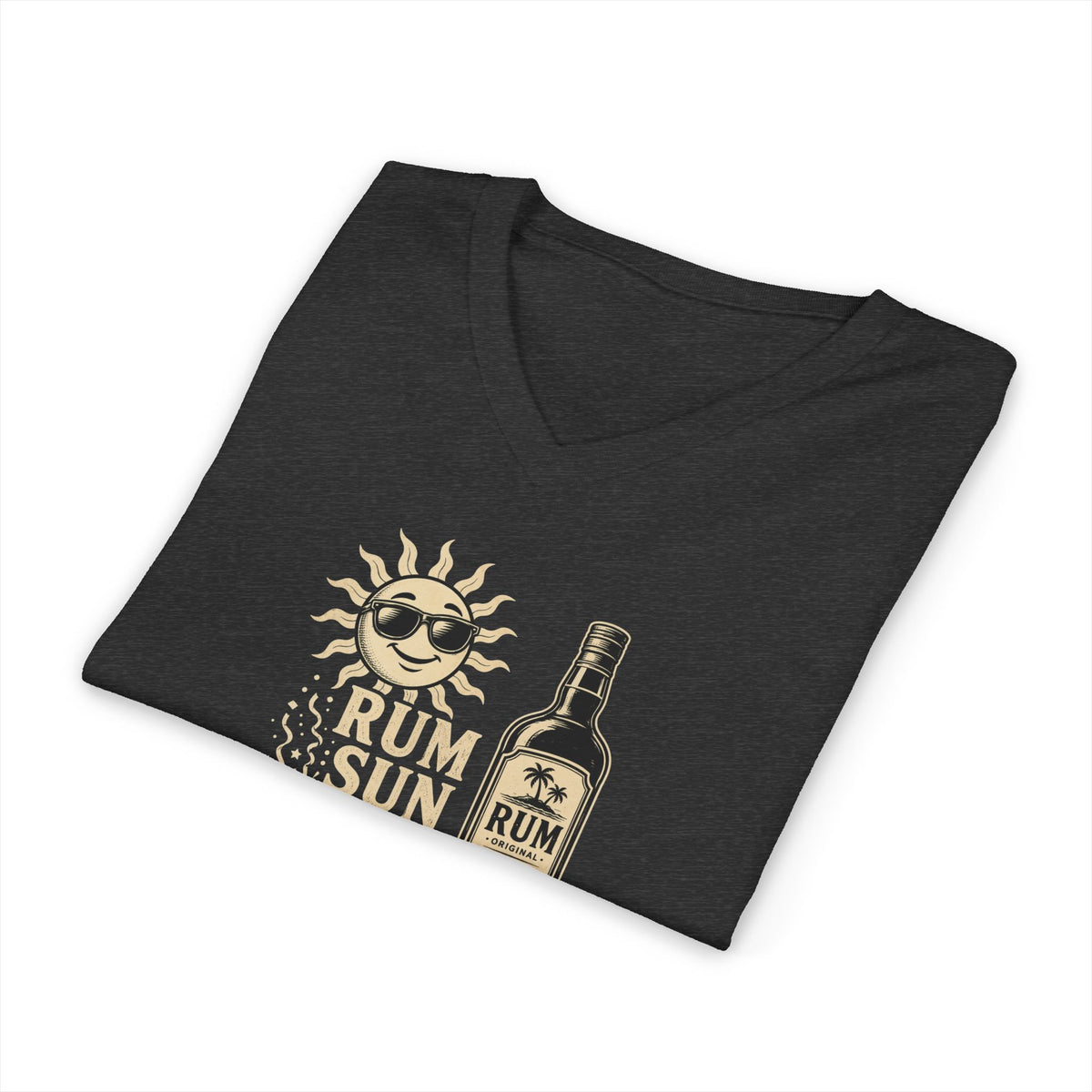 Rum Sun Fun V-Neck Tee — Beachy Rum Bottle & Sunglasses Sun Graphic