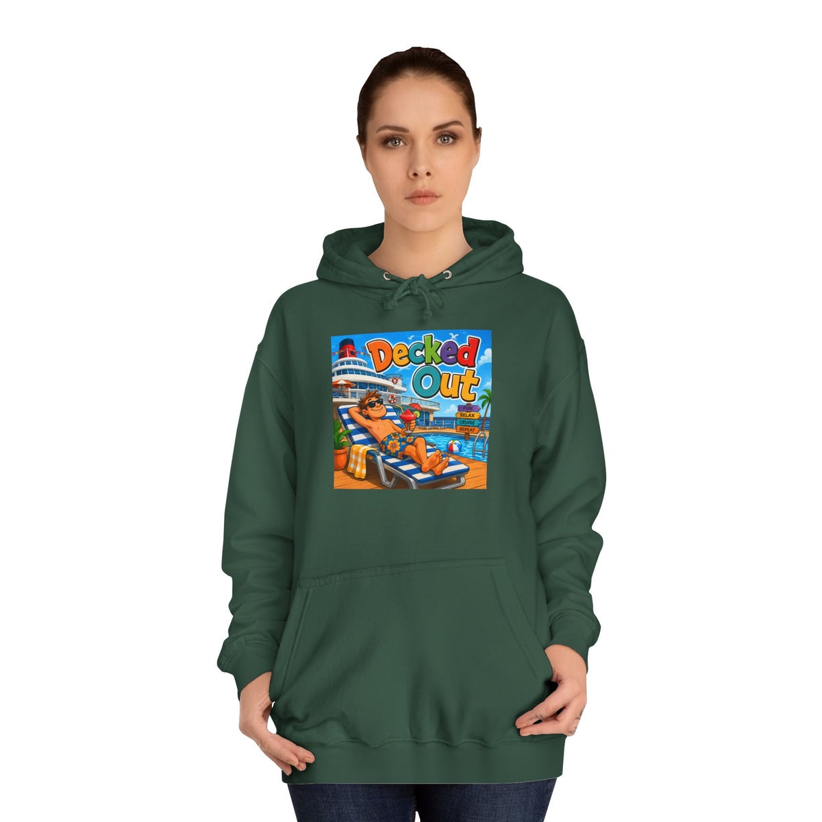 College Hoodie — 'Decked Out' Coastal Surf Graphic Pullover