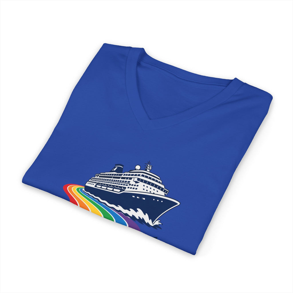 Cruise Ship "All Aboard!" V-Neck Tee — Rainbow Nautical Vacation Shirt