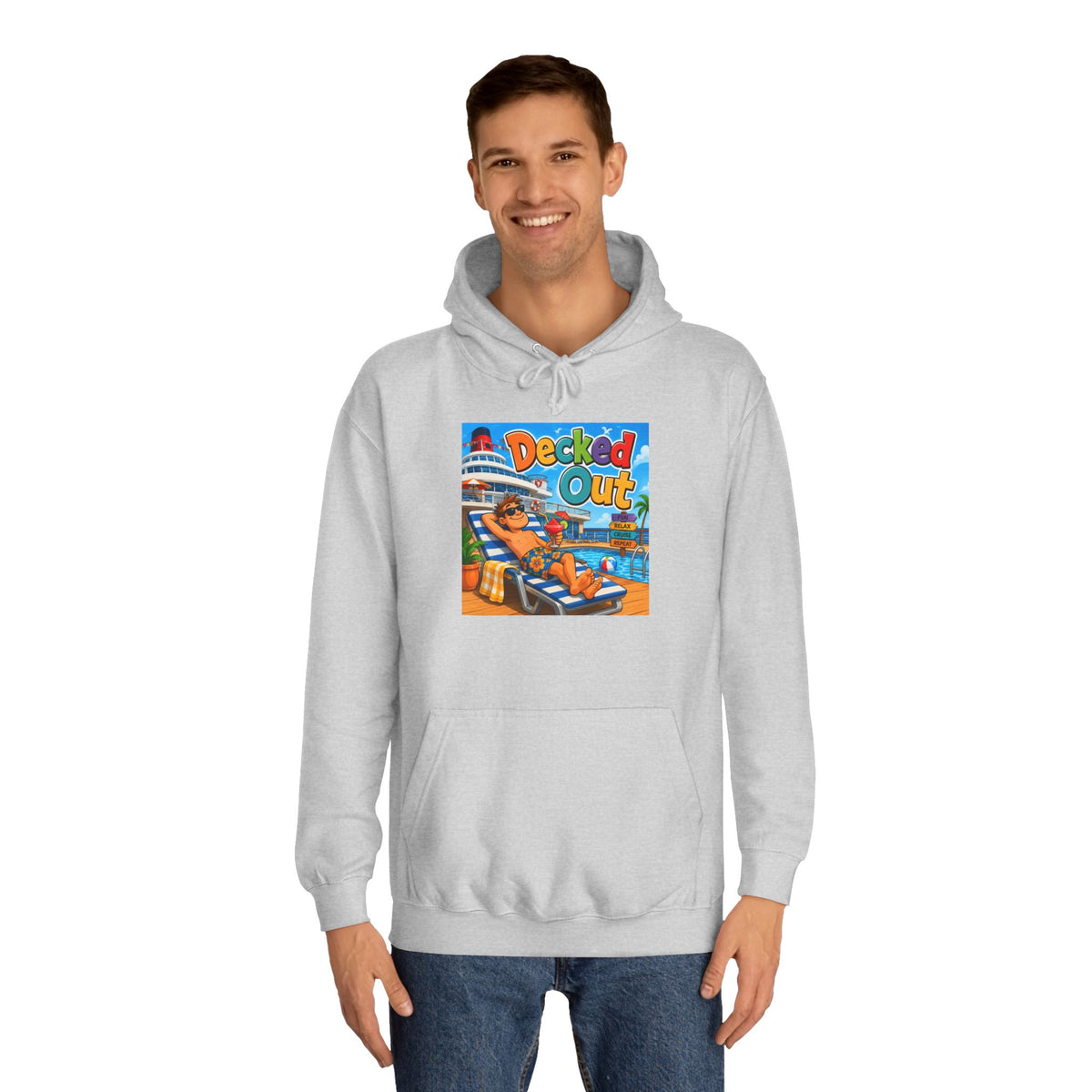 College Hoodie — 'Decked Out' Coastal Surf Graphic Pullover