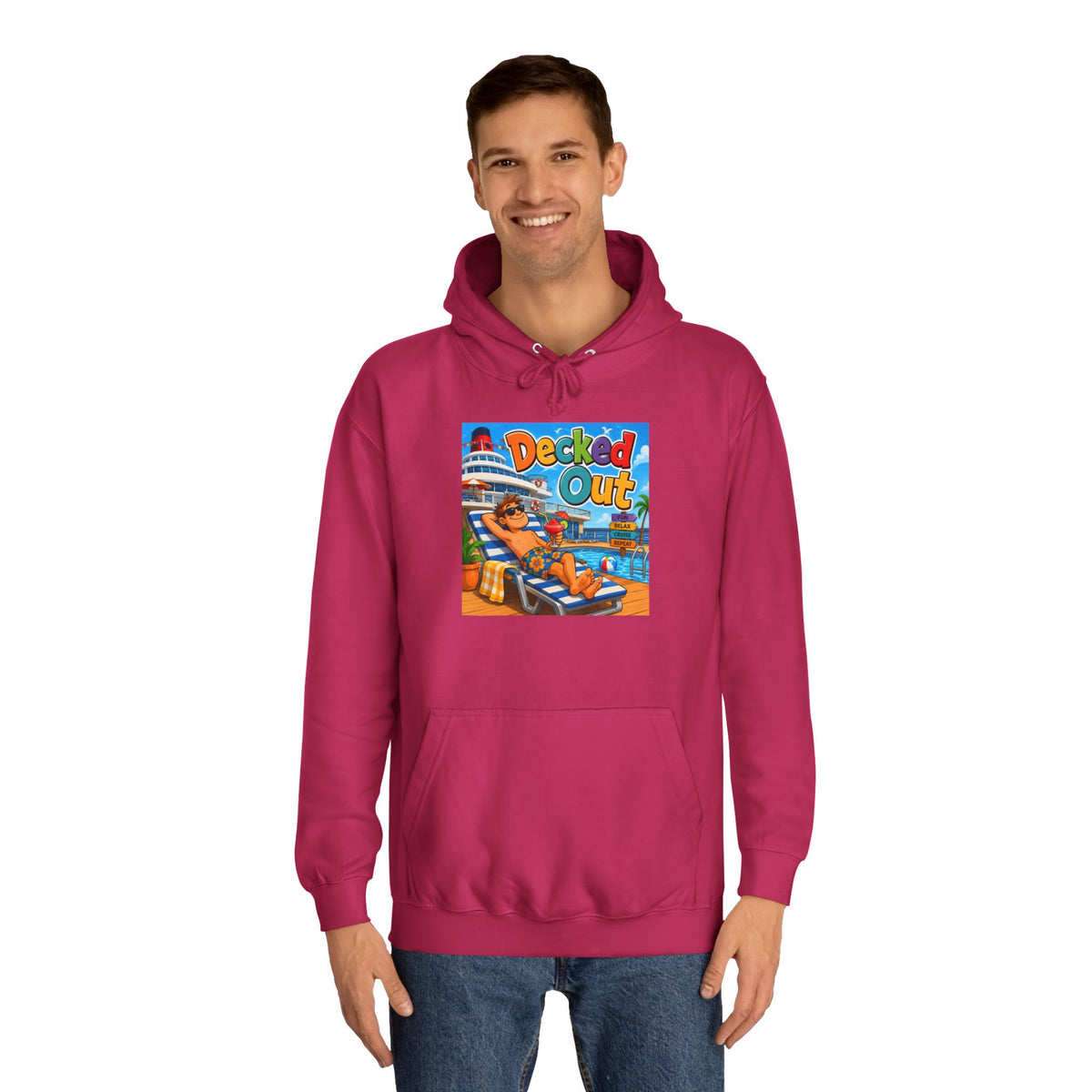 College Hoodie — 'Decked Out' Coastal Surf Graphic Pullover