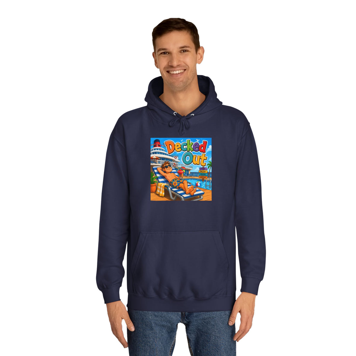College Hoodie — 'Decked Out' Coastal Surf Graphic Pullover