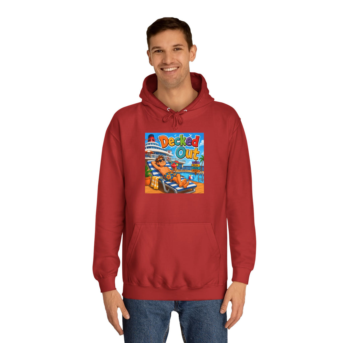 College Hoodie — 'Decked Out' Coastal Surf Graphic Pullover