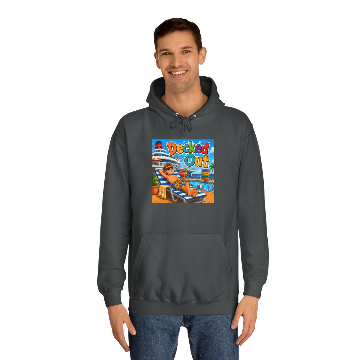 College Hoodie — 'Decked Out' Coastal Surf Graphic Pullover